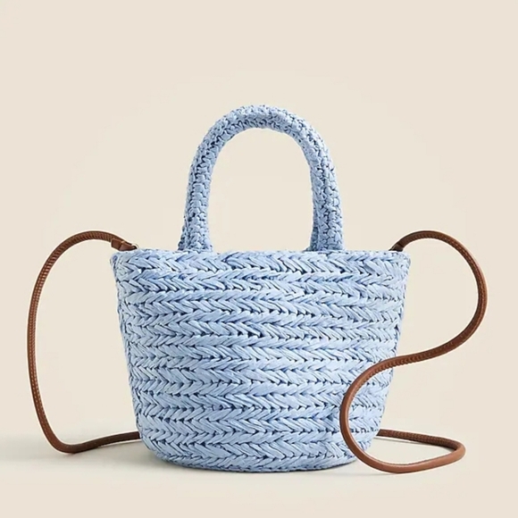 New! J. Crew Small Malta Handwoven Straw Bag with Leather Strap - Picture 1 of 12